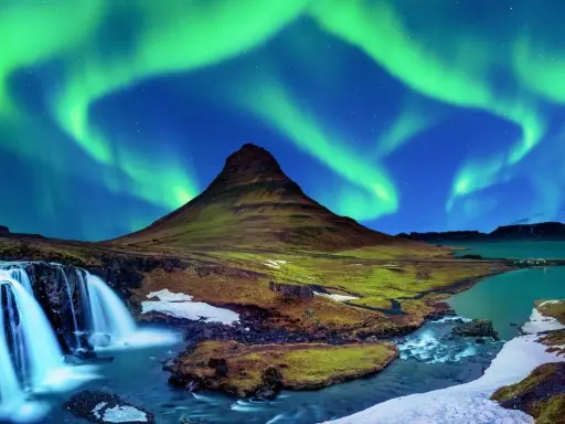 Islandia najpiękniejsze miejsca: góra Kirkjufell i wodospad pod tańczącą zorzą polarną.