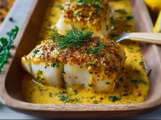 Zartes Fischfilet mit knuspriger Kruste in cremiger Sauce, ein köstliches Fischauflauf Rezept.