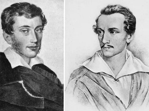 Dwa portrety: Adam Mickiewicz po lewej, Juliusz Słowacki po prawej. Dwóch wieszczów polskiego romantyzmu.