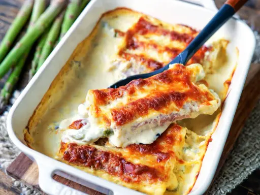 Überbackene Cannelloni mit Spargel und Schinken, ein köstliches Cannelloni Rezept, serviert in einer Auflaufform.