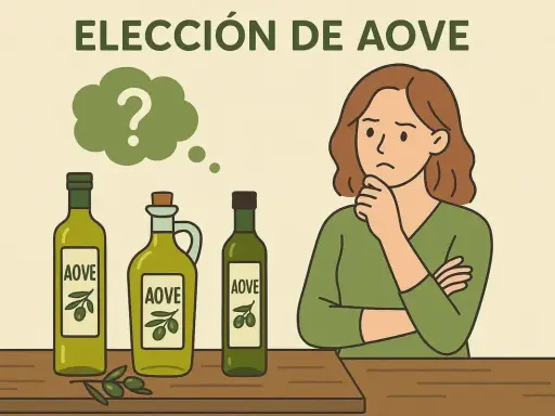Mujer pensativa frente a botellas de AOVE, preguntándose qué significa virgen extra.