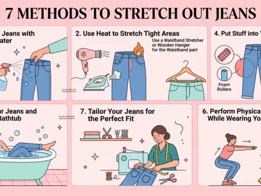 7 methods to stretch out jeans: wet them, use heat, stuff them, wear them in the tub, tailor them, or do physical stretches.
