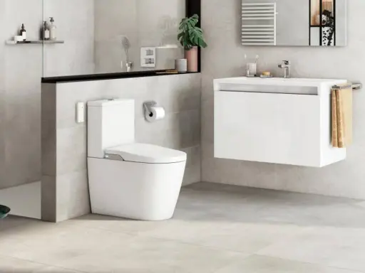 Modern bathroom with toilet and sink. A sleek design that makes you want to quitar bidet.