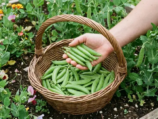 Main d'un jardinier récoltant des pois gourmands dans un panier en osier. La culture des pois gourmands est florissante, avec des fleurs roses et jaunes en arrière-plan.