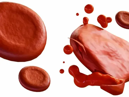 Rozpad czerwonych krwinek, czyli hemoliza. Co to jest? Obraz pokazuje uszkodzone erytrocyty i wypływającą z nich hemoglobinę.
