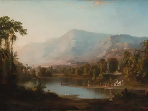 A lush landscape painting, reminiscent of Hudson River School american art movements, features a serene lake with boats, a waterfall, and distant mountains.