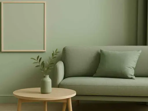 Salon paisible avec canapé et table basse, le tout dans une douce **couleur vert sauge**. Un cadre vide attend d'être rempli.