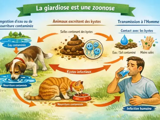 Schéma expliquant la transmission de la giardiose : des animaux excrètent des kystes dans leurs selles, contaminant l'eau et la nourriture, menant à l'infection humaine.