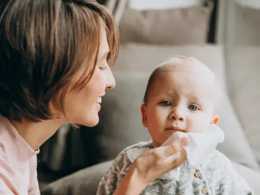 Mama delikatnie wyciera buzię dziecka, które ma żółty katar.