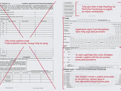 Formularz wniosku o wydanie prawa jazdy, z zaznaczonymi polami dotyczącymi zgubionego prawa jazdy.
