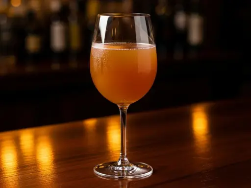Ett glas med gyllene sangria vit står på en polerad träyta. Bakgrunden är mörk med suddiga flaskor.