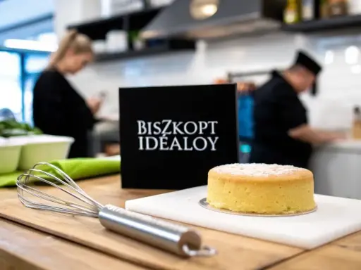 Idealny biszkopt czeka na włożenie do nagrzanego piekarnika. Obok trzepaczka i tabliczka "Biszkopt Idealoy".