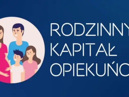 Ilustracja przedstawia uśmiechniętą rodzinę: ciężarną kobietę, mężczyznę i dwójkę dzieci. Obok widnieje napis "RODZINNY KAPITAŁ OPIEKUŃCZY".