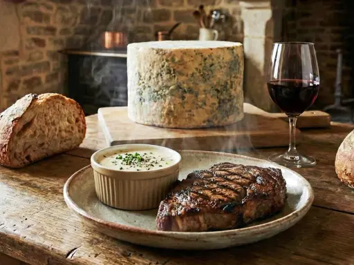 Un steak grillé fumant servi avec une sauce onctueuse à la Fourme d'Ambert, du pain artisanal et un verre de vin rouge.