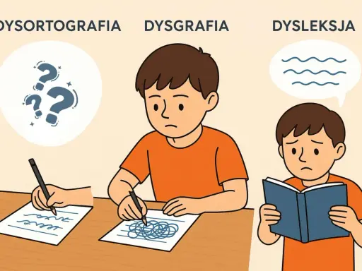 Chłopiec zmagający się z dysgrafią pisze nieczytelne bazgroły. Obok niego inny uczeń ma problem z ortografią, a trzeci z czytaniem.