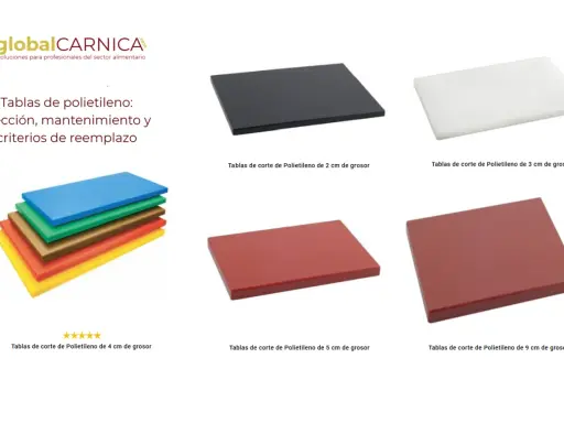 Variedad de tablas de cocina de polietileno en distintos colores y grosores, ideales para tu negocio.