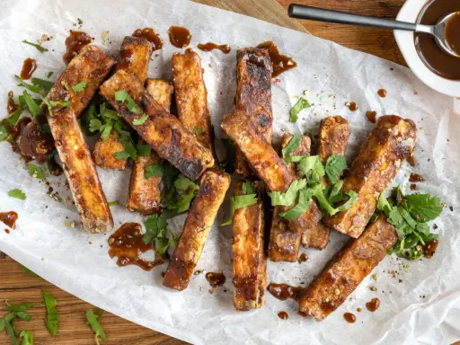 Marinierter Tofu, knusprig gebraten und mit einer dunklen Sauce beträufelt, garniert mit frischem Koriander. Perfekt zum Dippen!