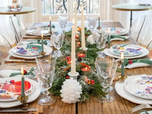 Une table dressée pour les fêtes, avec des assiettes décorées, des bougies allumées et une guirlande de sapin, évoquant la magie des arts de la table.