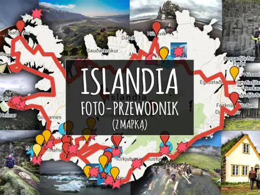 Islandia: mapa z trasą zwiedzania, od wraku statku po gorące źródła. W tle Reykjavik i malownicze krajobrazy.