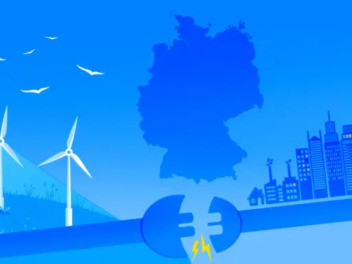 Deutschland setzt auf erneuerbare Energien. Windkraftanlagen drehen sich vor einer Silhouette von Deutschland, während eine Stadt im Hintergrund wächst.