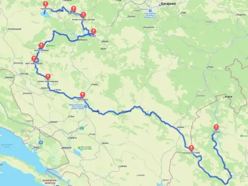 Trasa przez Czarnogórę i Bośnię, z zaznaczonymi punktami: Jezioro Blidinje, Stary Most w Mostarze, Plužine.