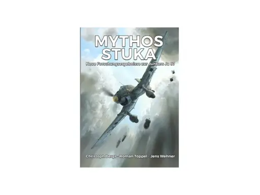 Ein Stuka-Flugzeug im Sturzflug, Bomben fallen. Titel: "Mythos Stuka".
