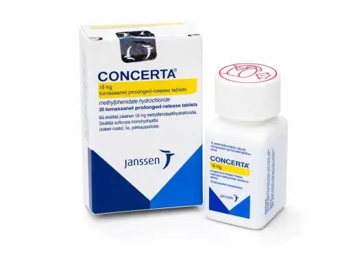 Opakowanie i butelka leku CONCERTA 18 mg, zawierającego metylofenidatu chlorowodorek.