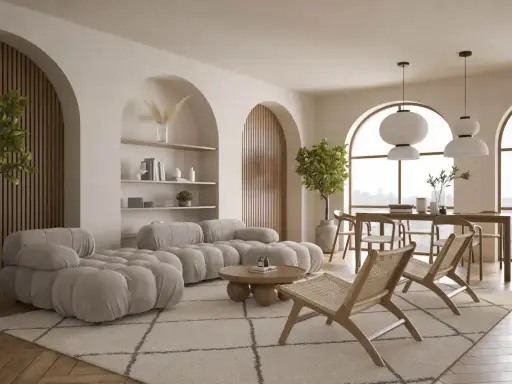 Przytulny salon z pufiastą sofą i plecionymi fotelami. Ciepłe odcienie bieli dominują w aranżacji, tworząc spokojną atmosferę.