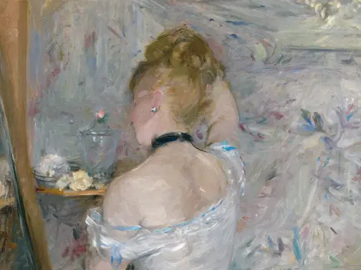 A woman with her back to the viewer, her hair in a bun, is captured in the soft, light-filled style of impressionist paintings.