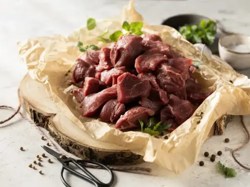 Pokrojone w kostkę mięso na gulasz z dzika, ułożone na papierze, gotowe do przyrządzenia.