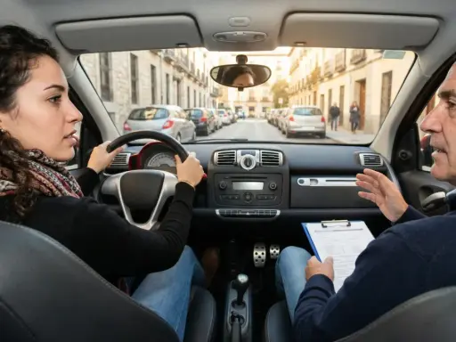 Instructor explica a alumna cómo obtener el carnet B+E. Ella practica conduciendo por una calle.