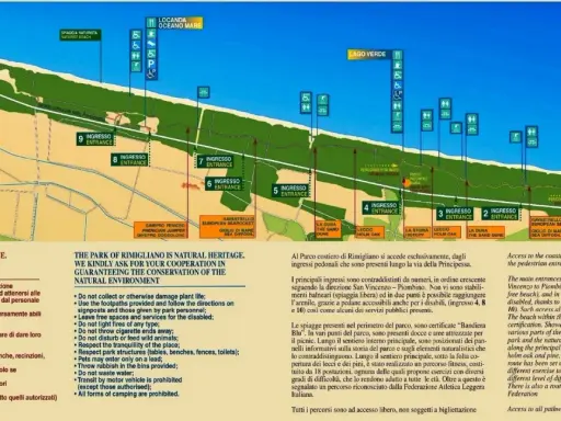 Mappa del parco di Rimigliano con ingressi numerati, servizi, sentieri e aree naturali.