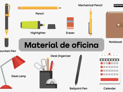 Ilustración con nombres de herramientas en español: bolígrafo, lápiz, rotulador, goma de borrar, portaminas, cuaderno, lámpara, organizador, calendario.