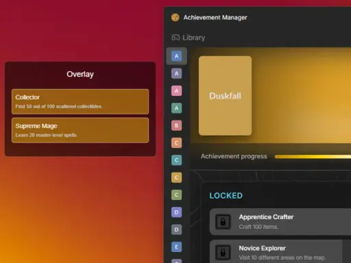 Interfejs Steam Achievement Manager. Widoczne osiągnięcia "Collector" i "Supreme Mage" oraz postęp w zdobywaniu "Duskfall".