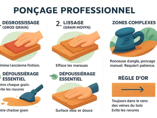 Guide pour poncer un plan de travail : dégraissage, lissage, zones complexes. Nettoyer entre chaque grain pour éviter les rayures. Toujours poncer dans le sens des veines du bois.