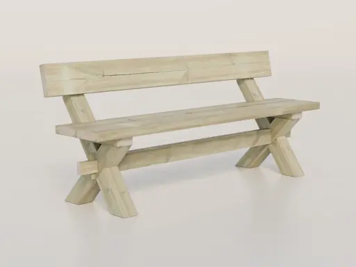 En robust träbänk med ryggstöd, perfekt för trädgården eller uteplatsen.