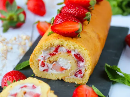 Un roulé aux fraises moelleux, garni de crème et de morceaux de fraises fraîches, décoré de fraises entières.