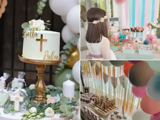 Un pastel de comunión y un buffet chuches para comuniones con dulces, galletas y globos.