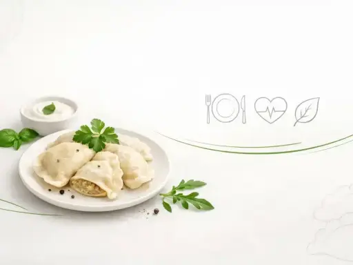 Pyszne pierogi ruskie na talerzu, z miseczką śmietany i ziołami. Zastanawiasz się nad pierogi ruskie kcal?