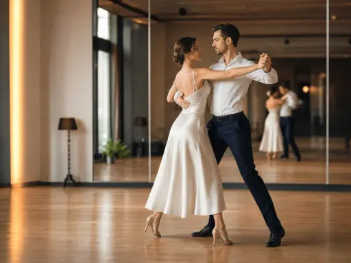 Para, tańcząc w eleganckim stroju, tworzy z partnerem piękną choreografię.