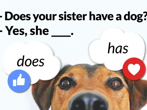 Piesek uczy angielskiego: "Does your sister have a dog?" - "Yes, she has.
