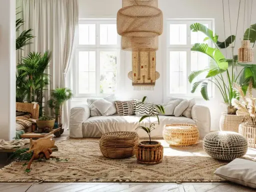 Un salon boheme nature, avec un canapé blanc, beaucoup de plantes vertes, des paniers en rotin et une suspension en osier.