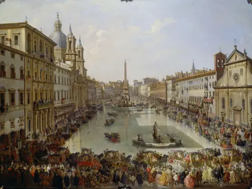 Una vivace scena di **Piazza Navona** a Roma, con carrozze, folla e la Fontana dei Quattro Fiumi.