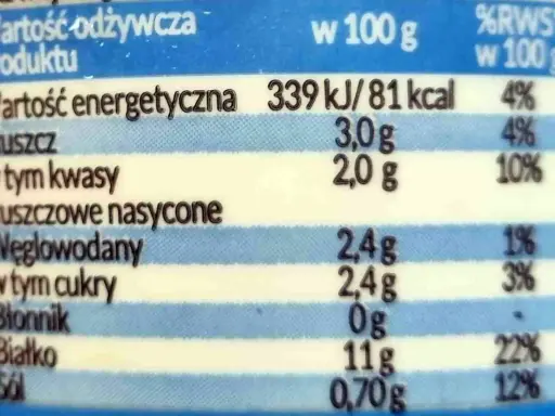 Serek wiejski lekki ma 81 kcal w 100g. Zawiera 11g białka, 3g tłuszczu i 2,4g węglowodanów.