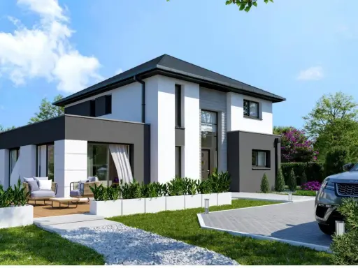 Plan maison 3 chambres moderne avec terrasse, jardin et voiture garée.