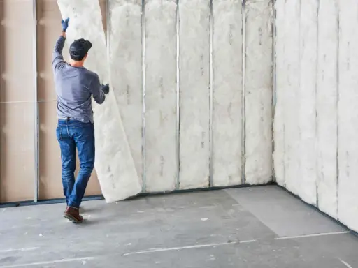 Hombre instala aislamiento en pared ya construida. Proceso de como aislar una pared.