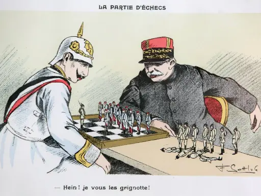 Karikatur zum Ersten Weltkrieg: Deutsche und französische Soldaten als Schachfiguren. Frankreich gewinnt.