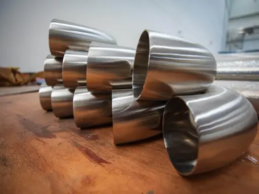 Pièces métalliques brillantes, probablement des coudes pour un poêle à bois conduit, empilées sur une surface en bois.