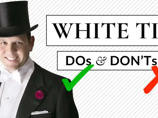 Man in a tuxedo and top hat, with a white bow tie, demonstrating how to wear a white tie with "Dos & Don'ts" text.