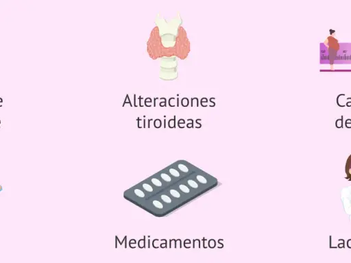Ilustraciones de causas comunes de retraso regla: deporte, tiroides, peso, estrés, medicamentos y lactancia.